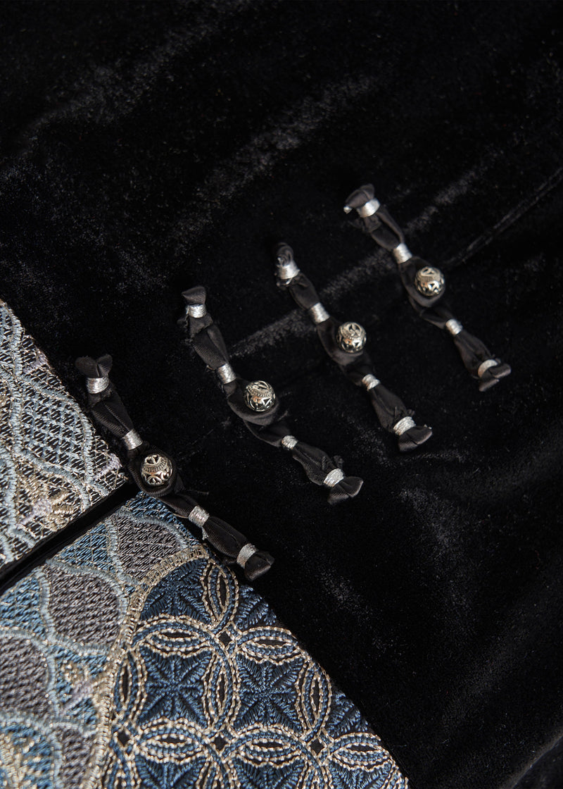 Art Black Embroidered Patchwork Silk Velvet Oriental Vests Fall