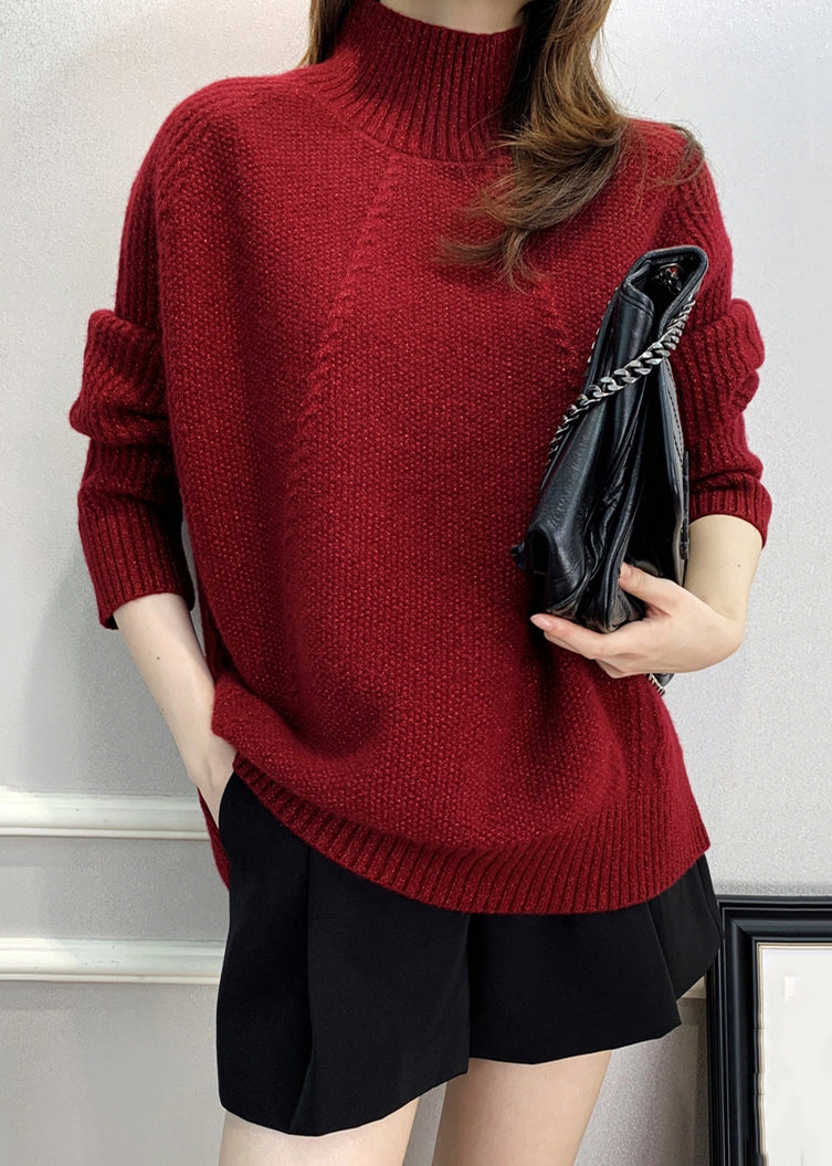 Red Turtleneck Cozy Cotton Knit Sweater Fall