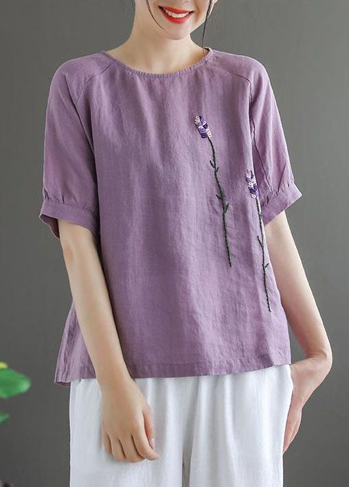 Purple Embroidered Linen Tops O-neck Short Sleeve