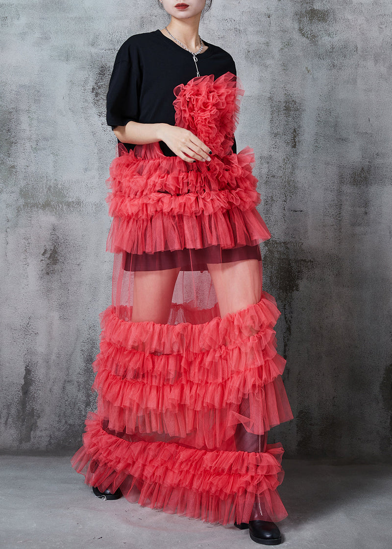 Black Ruffled Patchwork Tulle Long Dress Summer