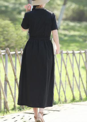 Black Linen Cotton Robes Shape Tie Waist Maxi Summer Dress