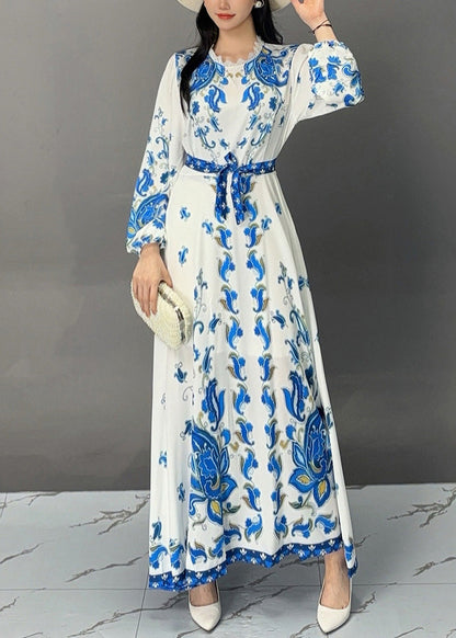White Print Lace Up Cotton Long Dress Fall