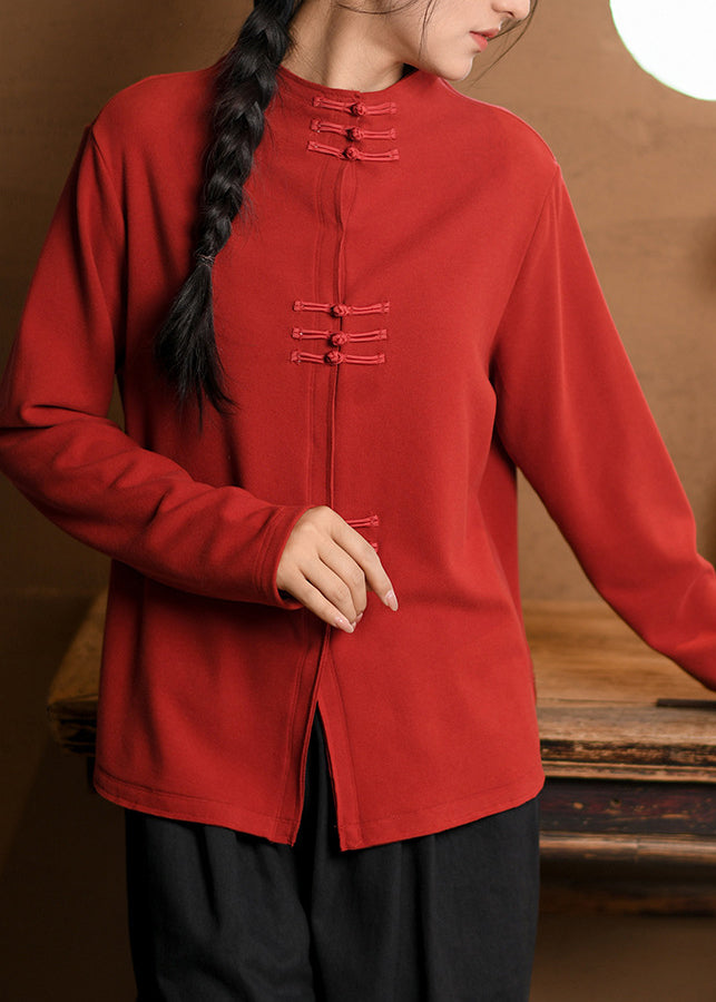 Red Oriental Button Cotton Top Spring
