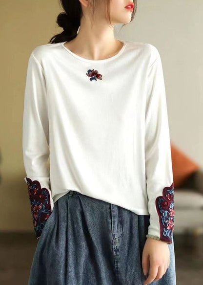 Rose O Neck Embroidered Cotton T Shirts Spring