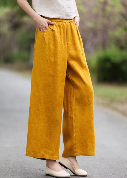 Yellow Elastic Waist Pockets Linen Pants Summer