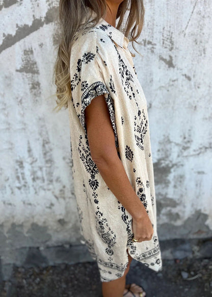 Beige Peter Pan Collar Print Cotton Shirts Dress Summer