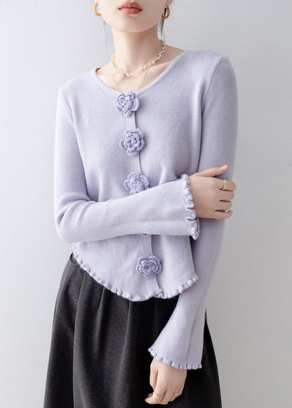 French Purple Ruffled Slim Fit Knitted Tops Spring