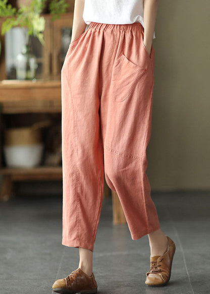 Pink Elastic Waist Pockets Linen Crop Pants Summer