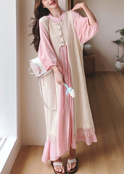 Pink Shirts Dress and Beige Smock Two Piece Set Clothing Fall