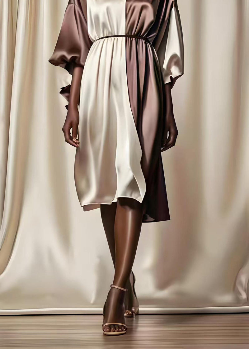 Colorblock V Neck Patchwork Silk Mid Dresses Summer