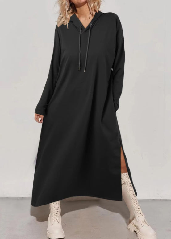 Tea Green Hooded Side Open Cotton Long Dress Fall