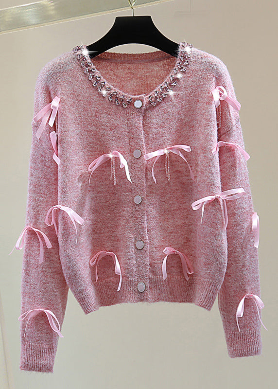 Italian Pink O-neck Zippered Bow Cotton Knit Sweaters Winter