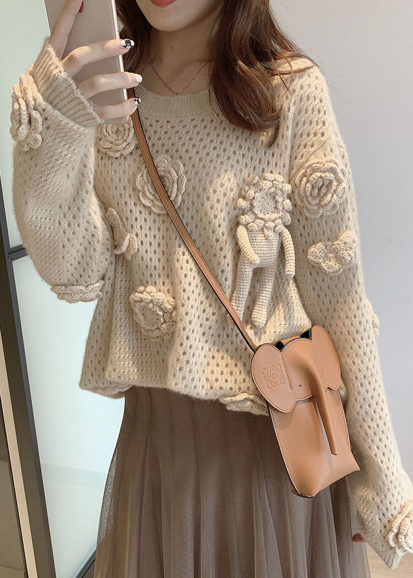French Apricot O Neck Hollow Out Knit Sweaters Fall