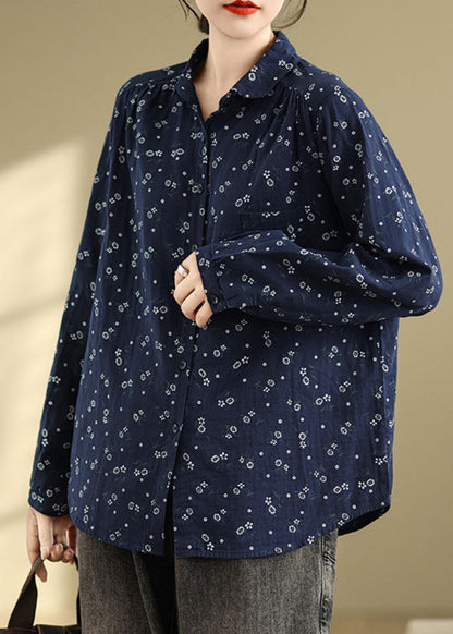 White Peter Pan Collar Print Cotton Shirts Top Spring