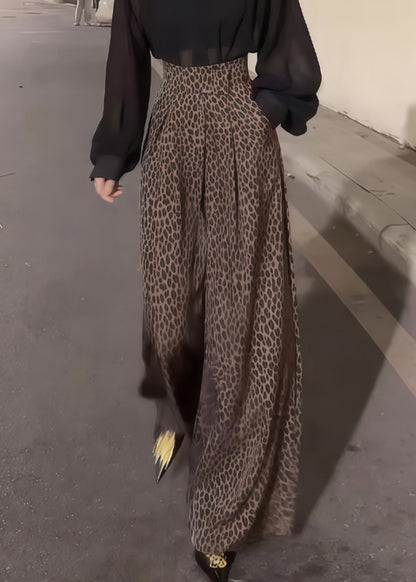 Leopard Pockets High Waist Cotton Wide Leg Pants Fall