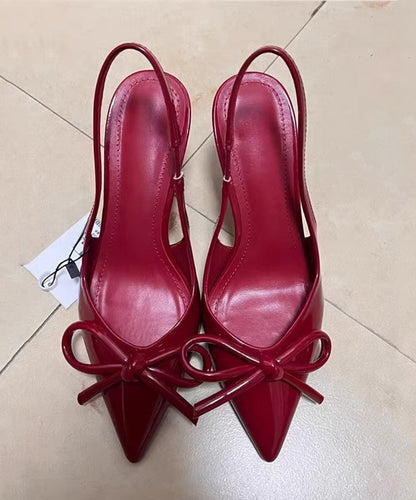 Bow Splicing Stiletto High Heels Red Faux Leather
