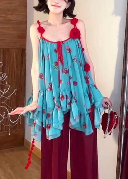 Blue Asymmetrical Spaghetti Strap Tops Summer