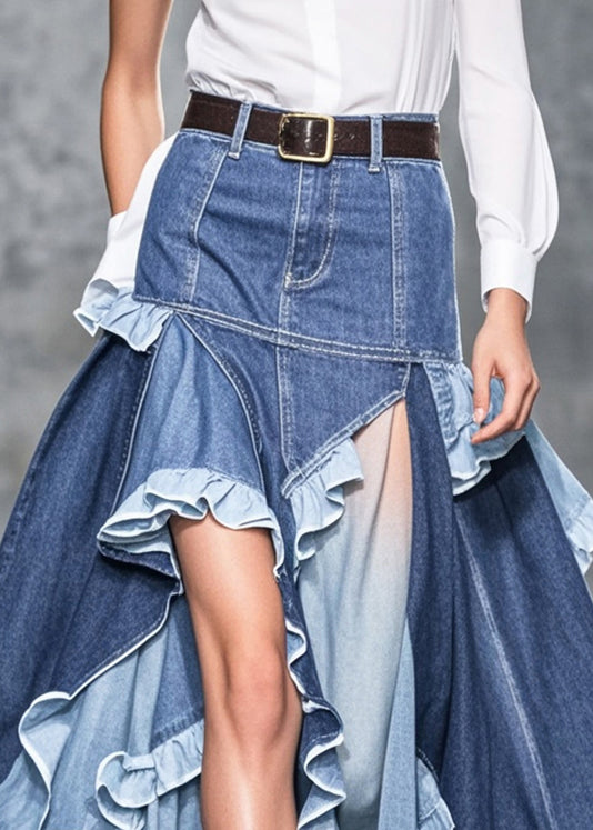 Blue Ruffled Patchwork Low High Design Denim Skirts Spring