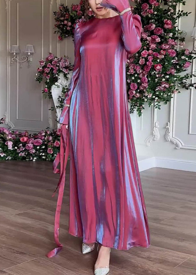 Purple O Neck Silk Maxi Dress Fall