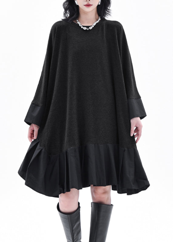 Grey O-neck Patchwork Long Dress Batwing Sleeve
