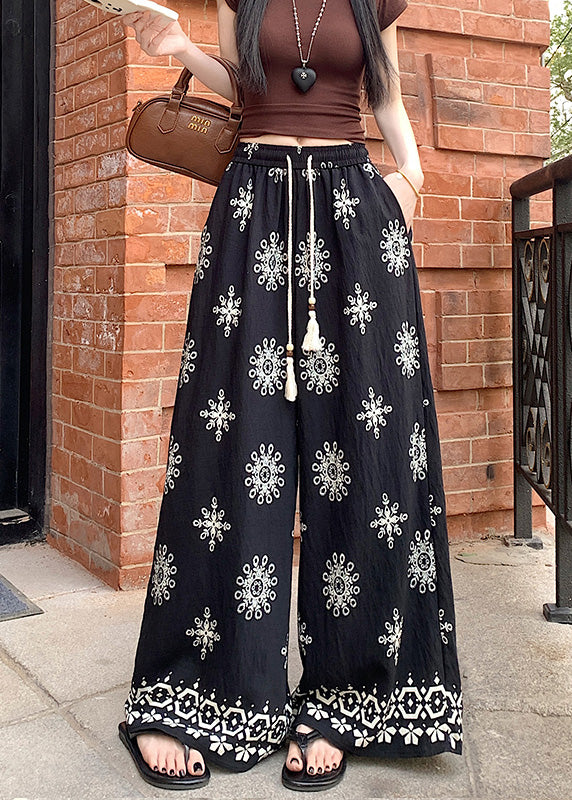 Apricot Print Elastic Waist Cotton Wide Leg Pants Summer