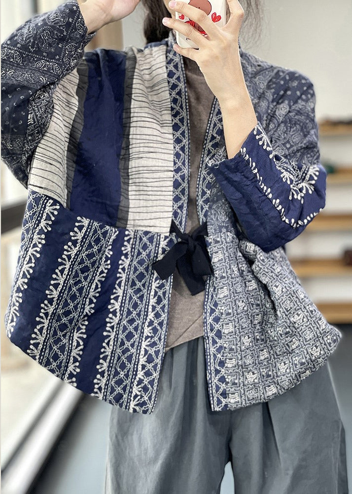 Navy Oversized Print Fine Cotton Filled Jackets Spring