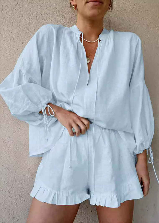 Light Blue Cotton Shirts and Shorts Two Piece Suit Lace Up Summer