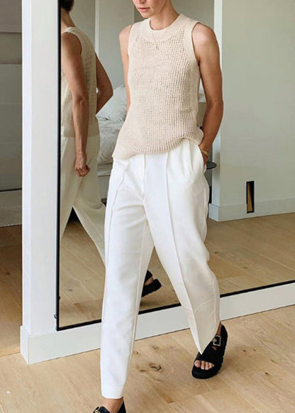 Style Beige O Neck Hollow Out Ice Silk Knit Tops Sleeveless