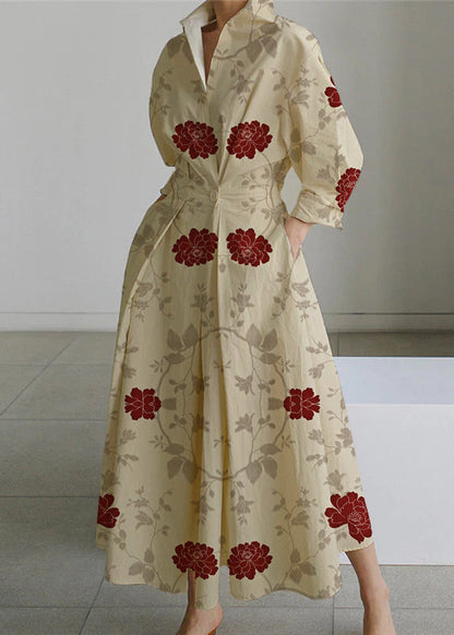 Beige Peter Pan Collar Pockets Cotton Dress Long Sleeve