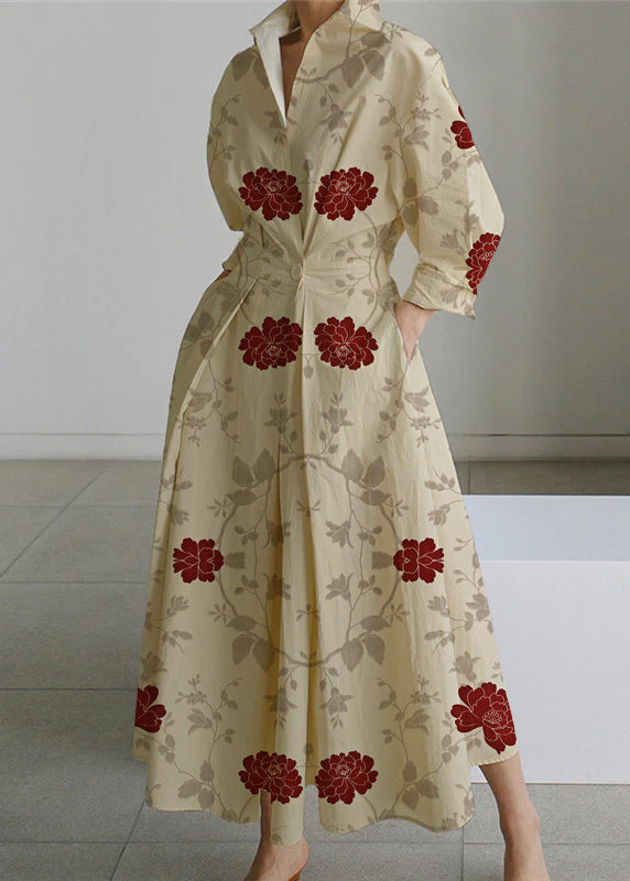 Beige Peter Pan Collar Pockets Cotton Dress Long Sleeve