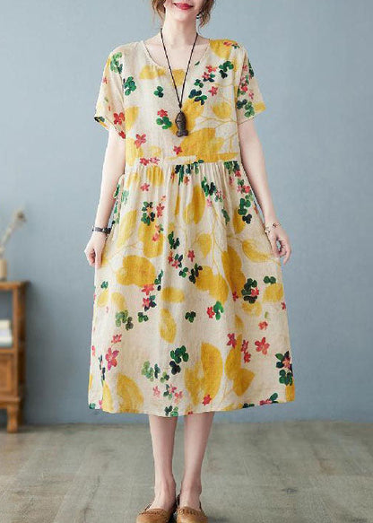 Light Yellow O Neck Pockets Print Patchwork Cotton Dress Summer