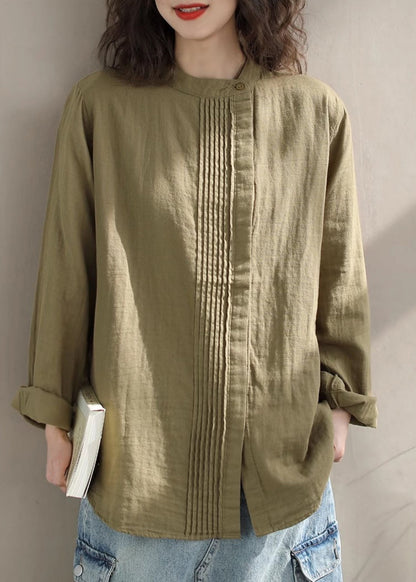 Loose Khaki Stand Collar Wrinkled Cotton Shirts Top Spring