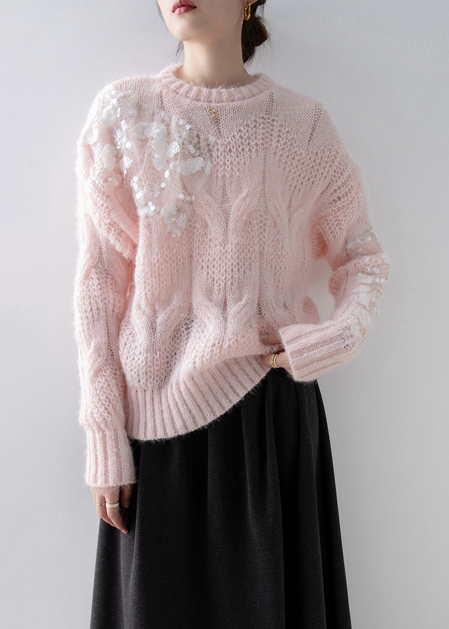 New Pink O Neck Sequins Knit Sweater Tops Spring