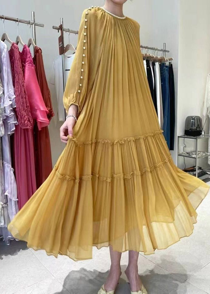 Diy Yellow O-neck Nail Bead Ruffled Silk Dress Long Sleeve