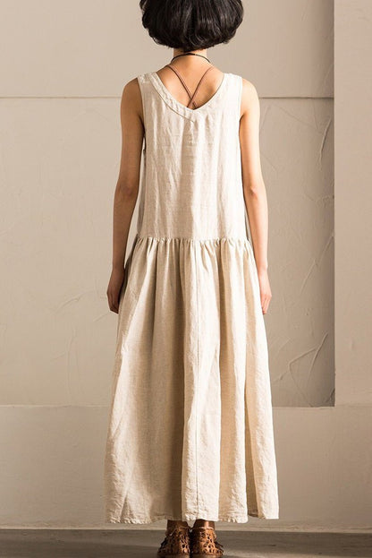 V-neck Cotton Linen Organic Sleeveless Long Dress Summer Outfits