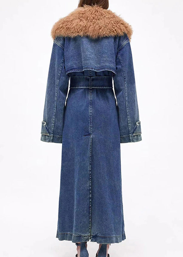 Denim Blue Fur Collar Patchwork Tie Waist Long Trench Coats Winter