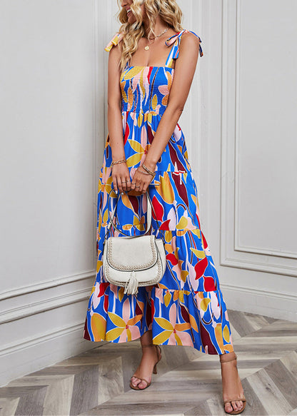 Blue Print High Waist Cotton Dresses Summer