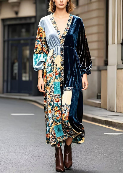 Peacock Blue V Neck Patchwork Print Silk Velvet Ankle Dress Fall
