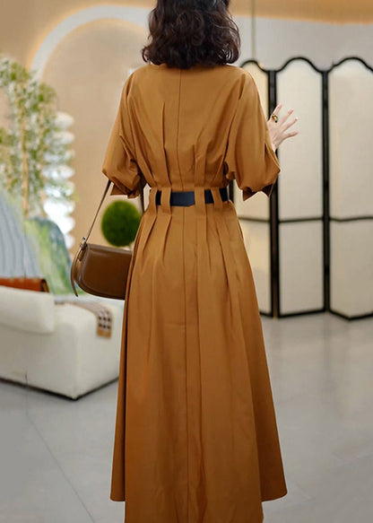 Classy Coffee Peter Pan Collar Sashes Wrinkled Cotton Dresses Fall