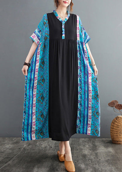 Blue Ruffled Print Patchwork Cotton Exra Large Hem Dress Summer