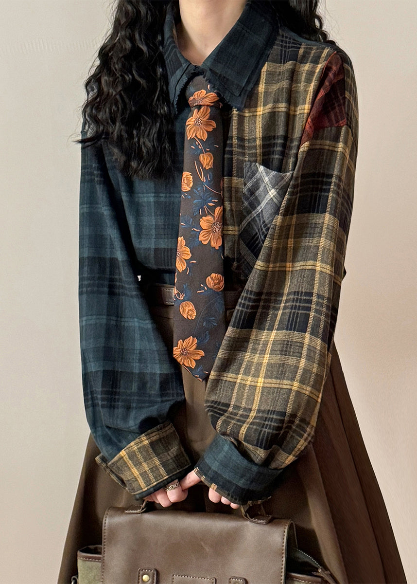 Plaid Asymmetrical Pockets Patchwork Cotton Shirt Spring