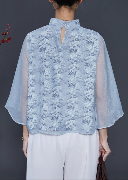 Sky Blue Mandarin Collar Print Chiffon Shirt Top Spring