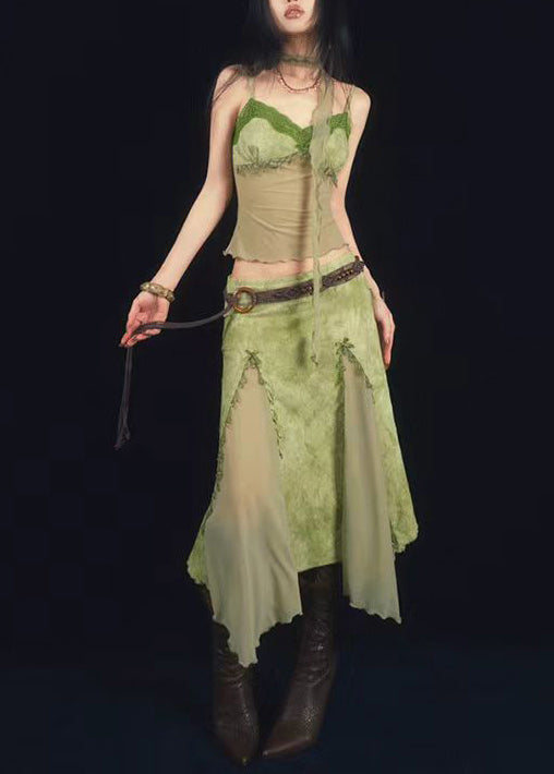 Green Tie Dyed Suspender Top and Skirt Two Piece Set Summer