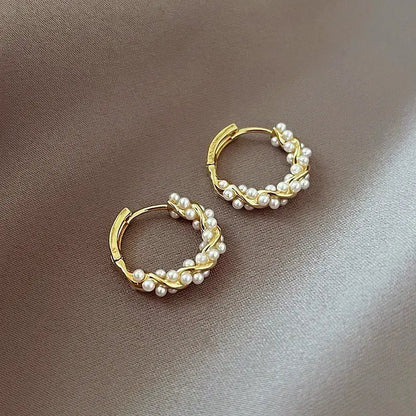 Round Pearl Earrings With Inlays