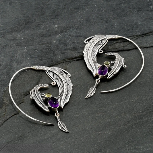 Aretes Hoja Espiral con Cristal Morado Vintage
