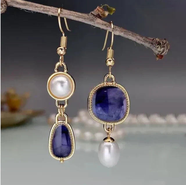 Blue Stone & Pearl Gold Earrings