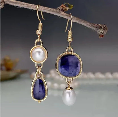 Blue Stone & Pearl Gold Earrings