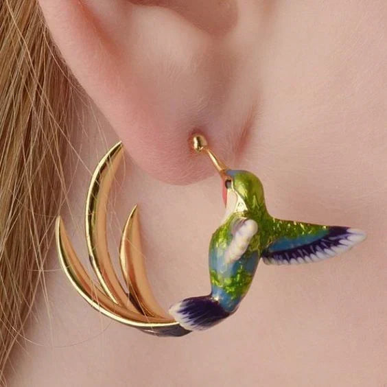 1+1 Offer: Enamel Hummingbird Hoop Earrings + Green Opal Natural Ring
