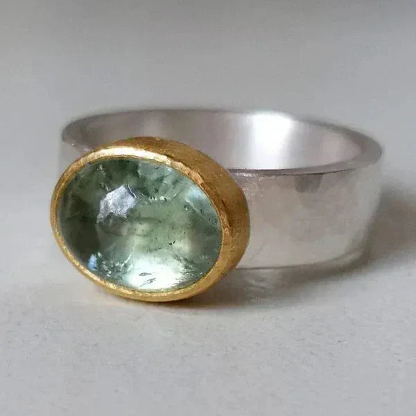 1+1 Offer: Green Ring With Rounded Stone, + Golden Dangling Earrings