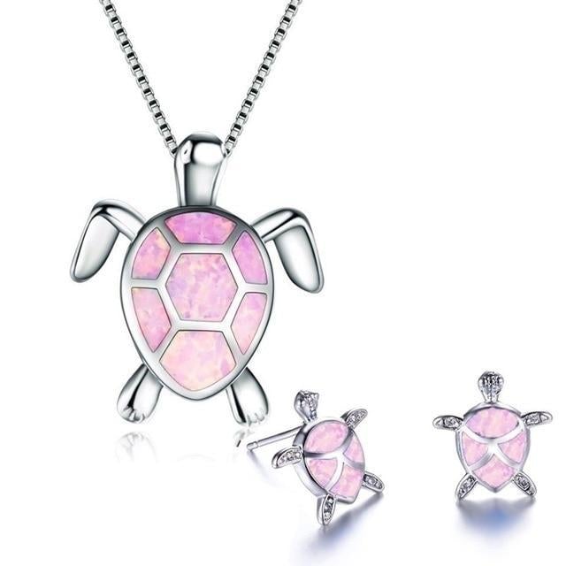 Sea Turtle Opal & Silver Necklace + Earrings